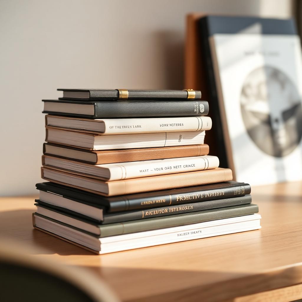 Pila de libros y cuadernos publicados en Amazon KDP